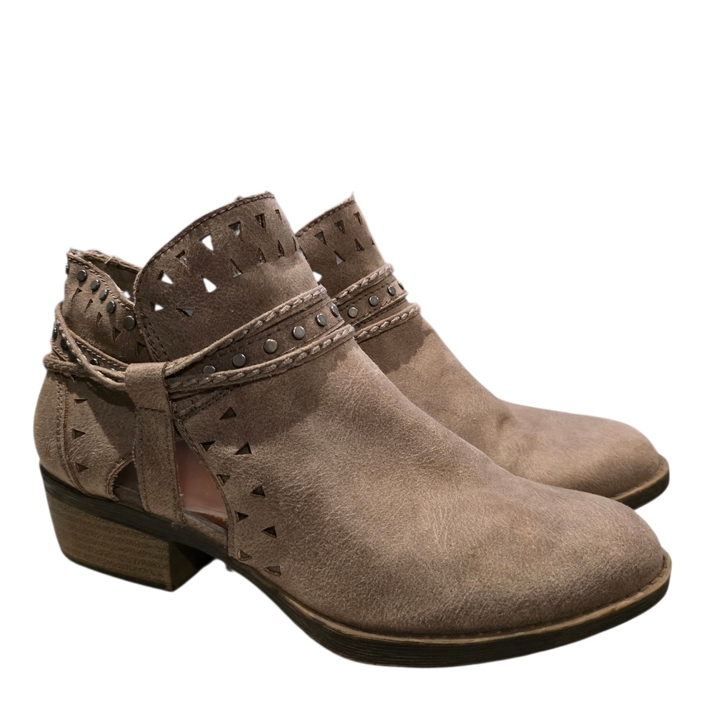 Sugar Taupe Cutout Suede Ankle Booties with Studded Strap